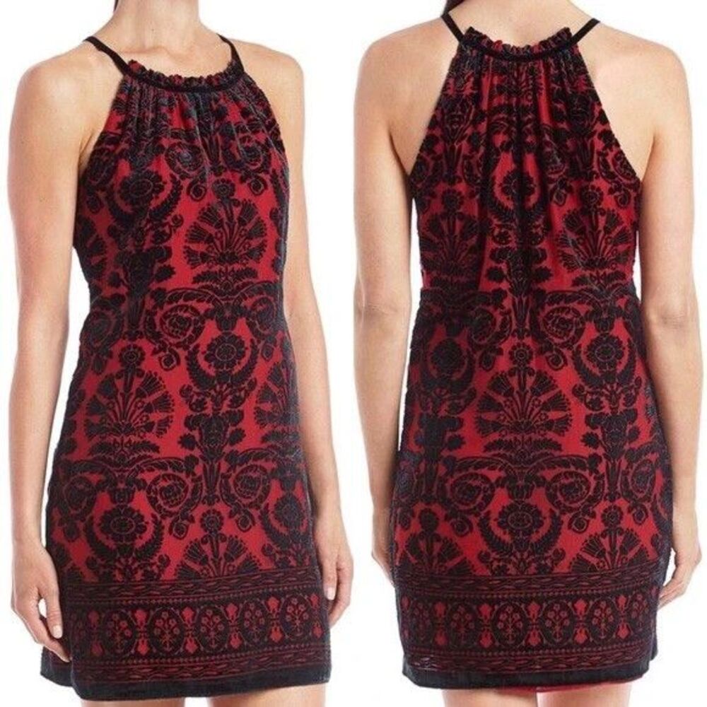 Red Black Womens Damask Dress Size M Velvet Ornate Cocktail Romantic Tapestry - Picture 2 of 15
